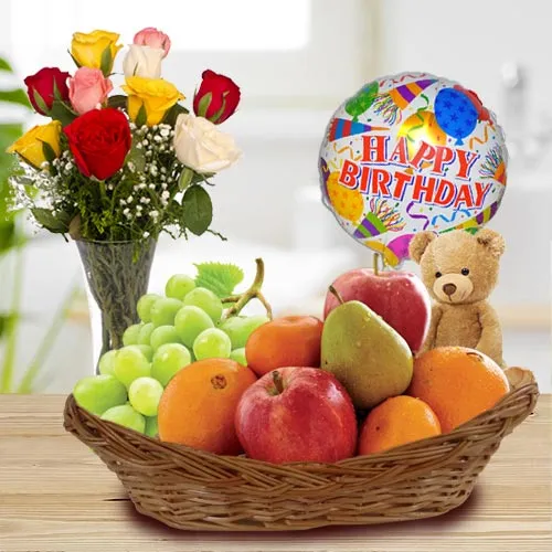 Teddy with Roses, Mylar Balloons N Fresh Fruits Basket