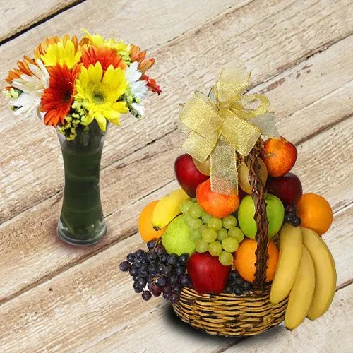 Enticing Fresh Fruits Basket with Gerberas