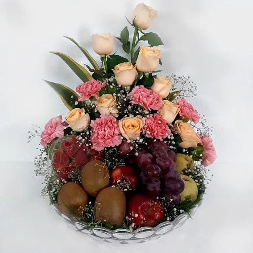 Exquisite Gift of Exotic Fruits N Flowers in Glass Vase