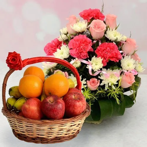 Refreshing Fresh Fruits with Mixed Flowers Basket