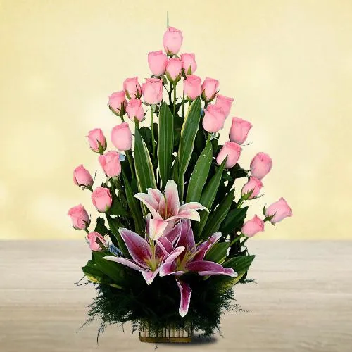 Delightful Basket of 28 Pink Flowers