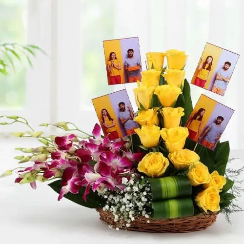 Beautiful Display of Purple Orchids n Yellow Roses with Personalized Pics in Basket