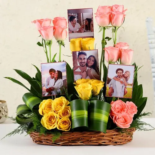 Dreamy Romance Basket of Pink n Yellow Roses with Personalized Pics