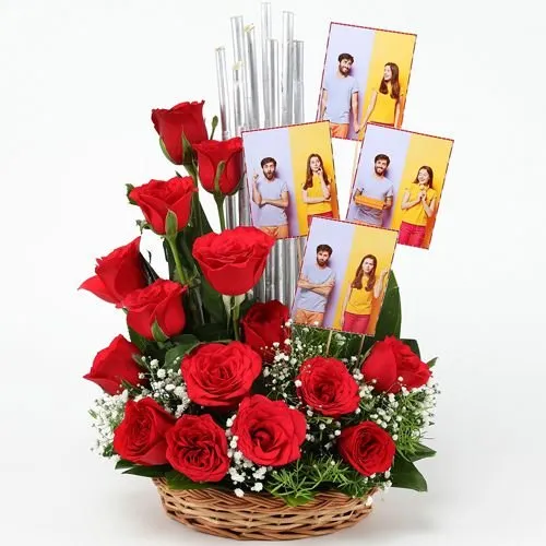 Splendid Arrangement of Red Roses with Personalized Photos