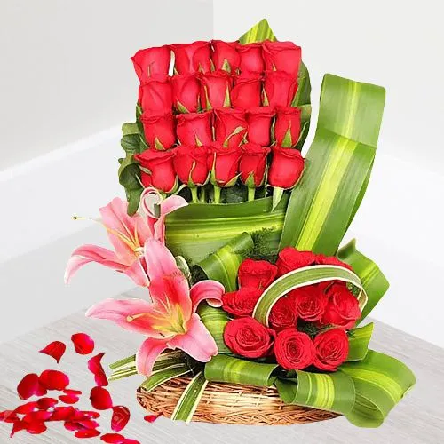 Glamorous Valentine Roses  N  Lilies Basket