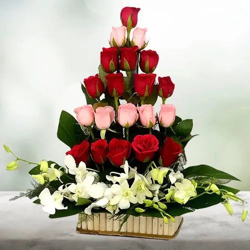 Superb Basket Arrangement of 25 Roses n Orchids