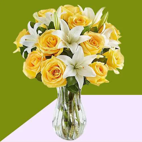 Classy Vase Arrangement of Yellow Roses n White Lilies
