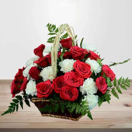 Gorgeous Selection of Red Roses n White Carnations