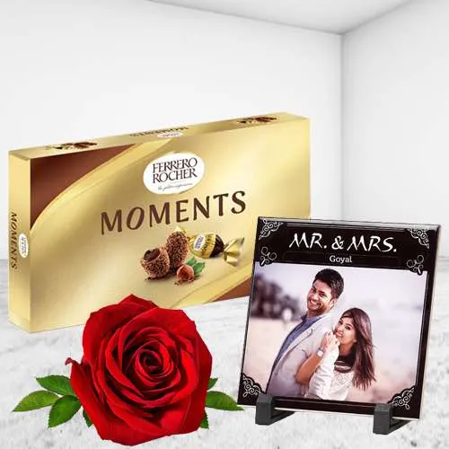 Pristine Combo of Personalized Photo Tile with Single Red Rose  N  Ferrero Moment	