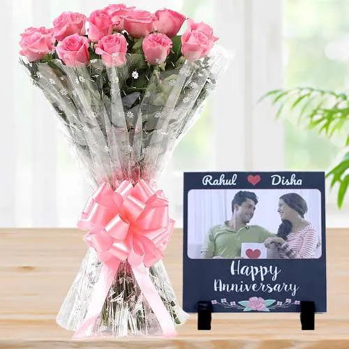 Ravishing 18 Pink Rose Bouquet with Personalized Photo Tile