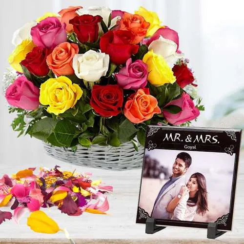 Gorgeous Mixed Flowers Bouquet with Personalized Photo Tile