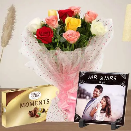Charming Personalized Photo Tile with Mixed Rose Bouquet N Ferrero Moments 	