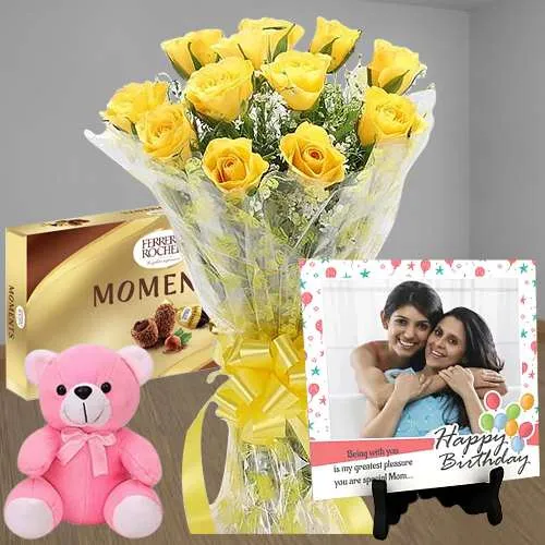 Magnificent Yellow Rose Bouquet n Personalized Photo Tile with Ferrero Moments n Teddy		