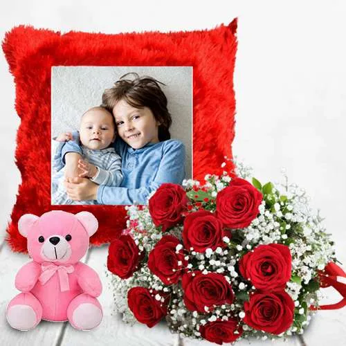 Excellent Gift of Red Roses Bouquet with Personalized Cushion n Cute Teddy 		