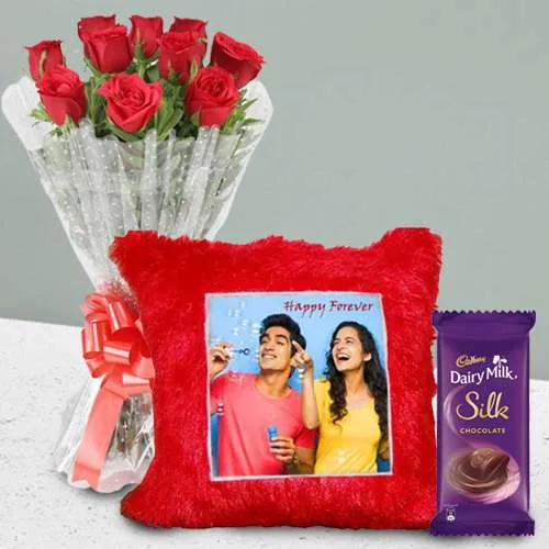 Amazing Gift of Red Rose Bouquet with Personalized Cushion n Cadbury Silk	