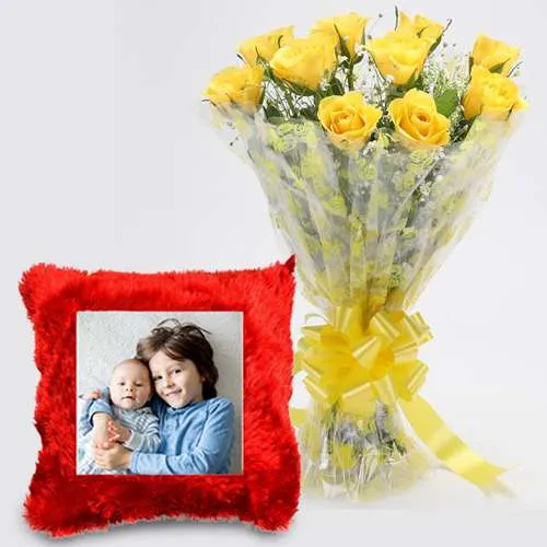 Dazzling Combo of Yellow Rose Bouquet with Personalized Cushion	