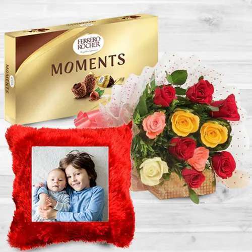 Alluring Gift of Personalized Cushion with Mixed Roses Bouquet n Ferrero Moments	