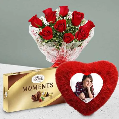 Lovely Red Rose Bouquet with Personalized Cushion n Ferrero Moments Combo	