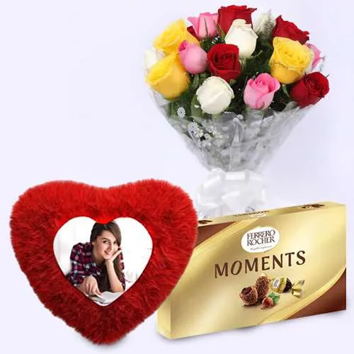 Enigmatic Gift of Personalized Cushion with Mixed Rose Bouquet n Ferrero Moments	