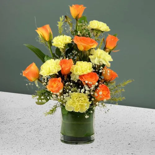 Colorful Carnations N Roses in a Vase