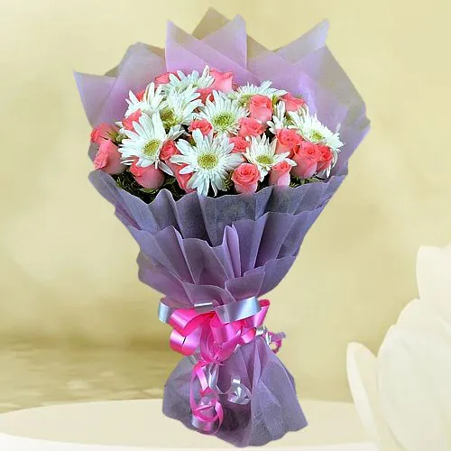 Tropical White Gerberas N Pink Roses Flower Bunch