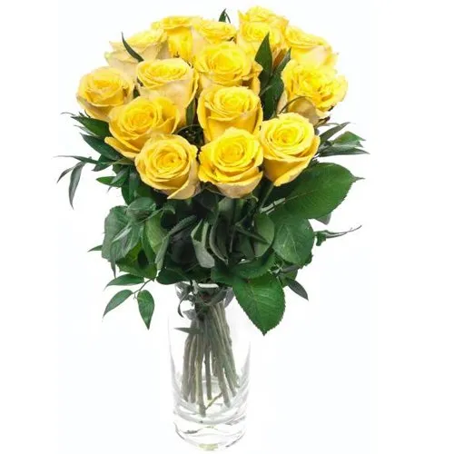 Stimulating Twelve Yellow Roses in a Vase with Dreams Of Joy