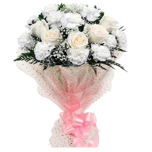 Pious Soul White Roses and Carnations Bouquet