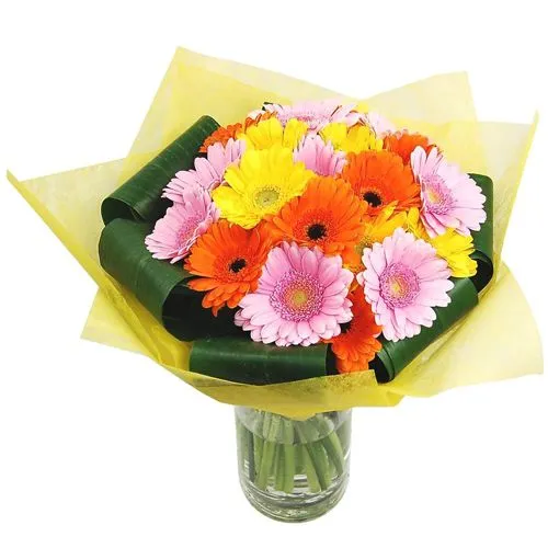 Colorful Tissue Wrapped Gerberas in Round Glass Vase