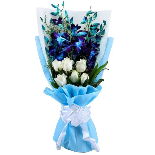 Impressive Bouquet of Blue Orchids N White Roses in Tissue Wrap