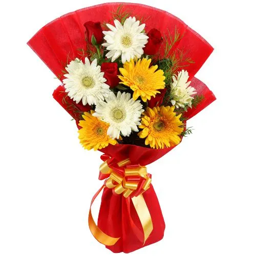 Expressive Tissue Wrapped Bouquet of Gerberas N Roses