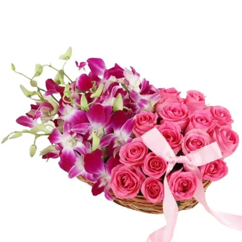 Classic Purple Orchids N Pink Roses Basket Arrangement