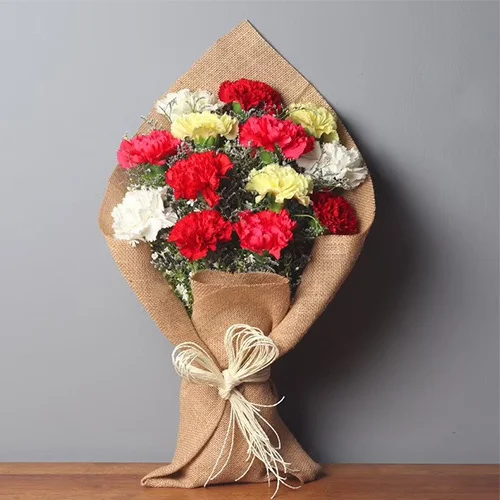 Splendid Mixed Carnation Bouquet Wrapped with Jute