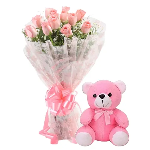 Order Online Pink Roses Bouquet N Teddy