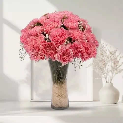 Delicate Vase Decked with 12 Carnations in Pink