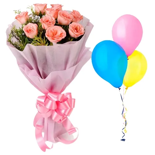 Lavish Love Bouquet of Pink Roses with Balloons