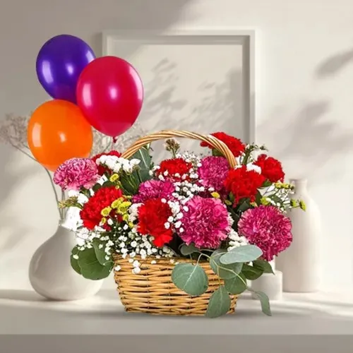 Premium Quality Mixed Carnations Basket with Balloons