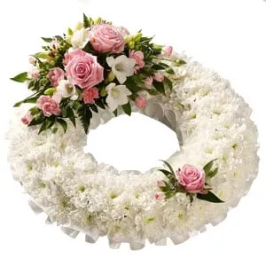 Order Wreath of White Carnations N Pink Roses