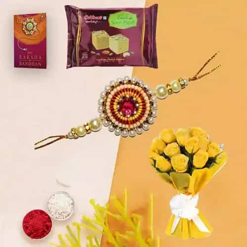 Romantic Morning Yellow Roses Glory with 200 gms. Soan Papdi and one pc. Rakhi Romantic Morning Yellow Roses Glory with 200 gms. Soan Papdi and one pc. Rakhi