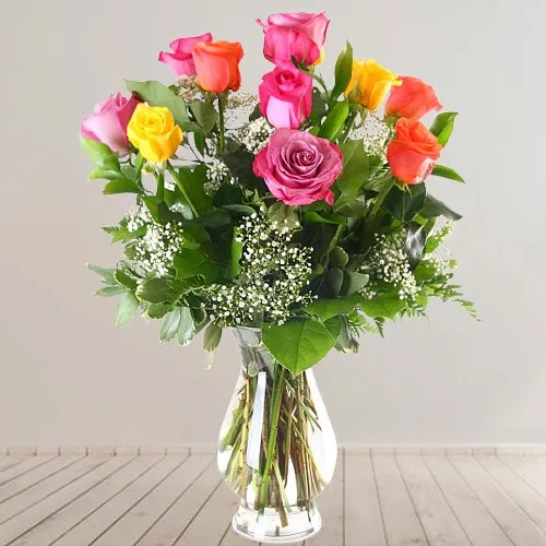 Aromatic Compilation of Mixed Roses in a Glass Vase