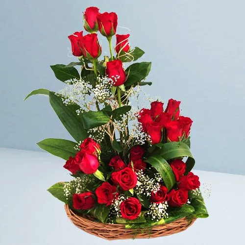 Bright 25 Dutch Red Roses Surprise Basket