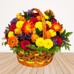 Pristine Basket of Mixed Seasonal Flowers with Green Fillers Pristine Basket of Mixed Seasonal Flowers with Green Fillers