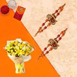 Mellowing Bouquet of Flourishing Flowers with Free 2 Rakhis and Roli Tilak Chawal Mellowing Bouquet of Flourishing Flowers with Free 2 Rakhis and Roli Tilak Chawal