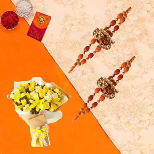 Mellowing Bouquet of Flourishing Flowers with Free 2 Rakhis and Roli Tilak Chawal Mellowing Bouquet of Flourishing Flowers with Free 2 Rakhis and Roli Tilak Chawal