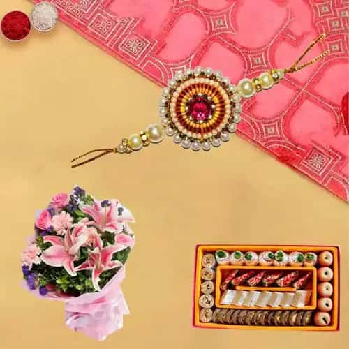 Lively Bunch of Amazing Flowers with 250 Assorted Sweets with One pc. Rakhi Lively Bunch of Amazing Flowers with 250 Assorted Sweets with One pc. Rakhi