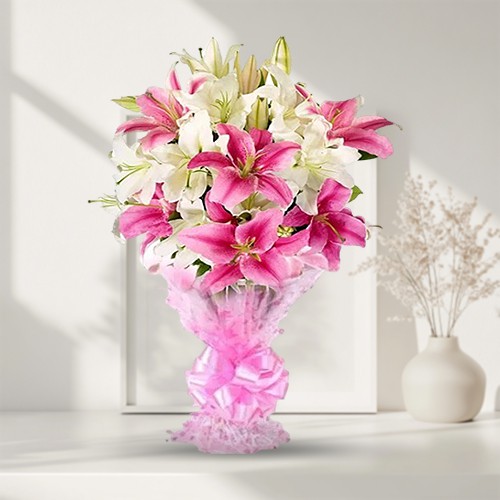 Elegant Looking Bouquet of 10 Pink & White Lilies Elegant Looking Bouquet of 10 Pink & White Lilies