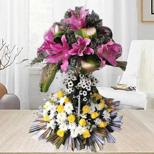 Lilies, Roses N Chrysanthemum 2 Tier Arrangement