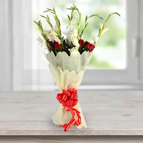 Amazing Bouquet of Gladiolus N Roses in Tissue Wrap