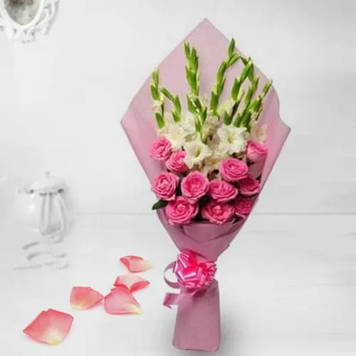 Gorgeous Pink Roses n White Gladiolus Bouquet