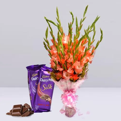 Pristine Pink Gladiolus Bouquet with Cadbury Dairy Milk Silk