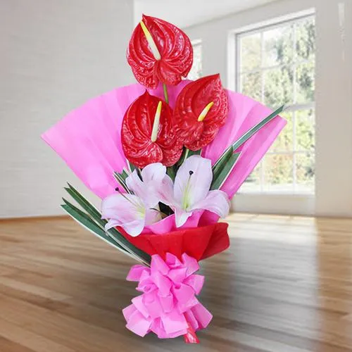 Marvelous Red Anthurium n Pink Lilies Bouquet